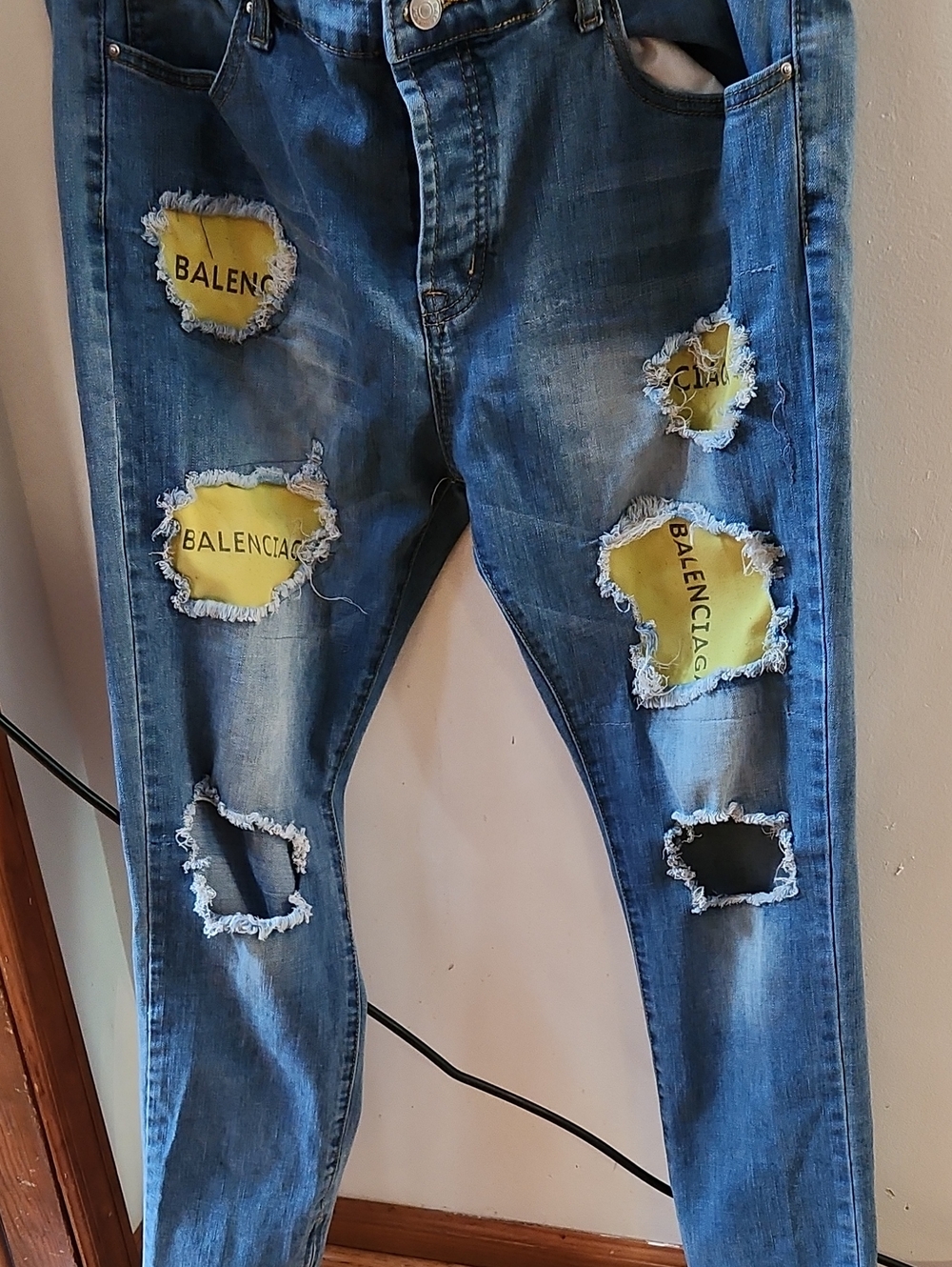 Balenciaga Men's Blue Distressed Skinny Jeans with Yellow Patch Details